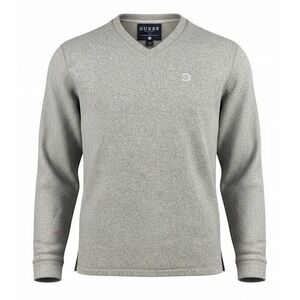 GUESS Fleece Pullover Mens Large Beige V Neck Logo Sweater Casual 5748BT53